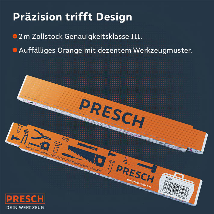 Der 2-Meter-Zollstock der Genauigkeitsklasse III zeigt ein auffälliges Orange mit Werkzeugmuster.