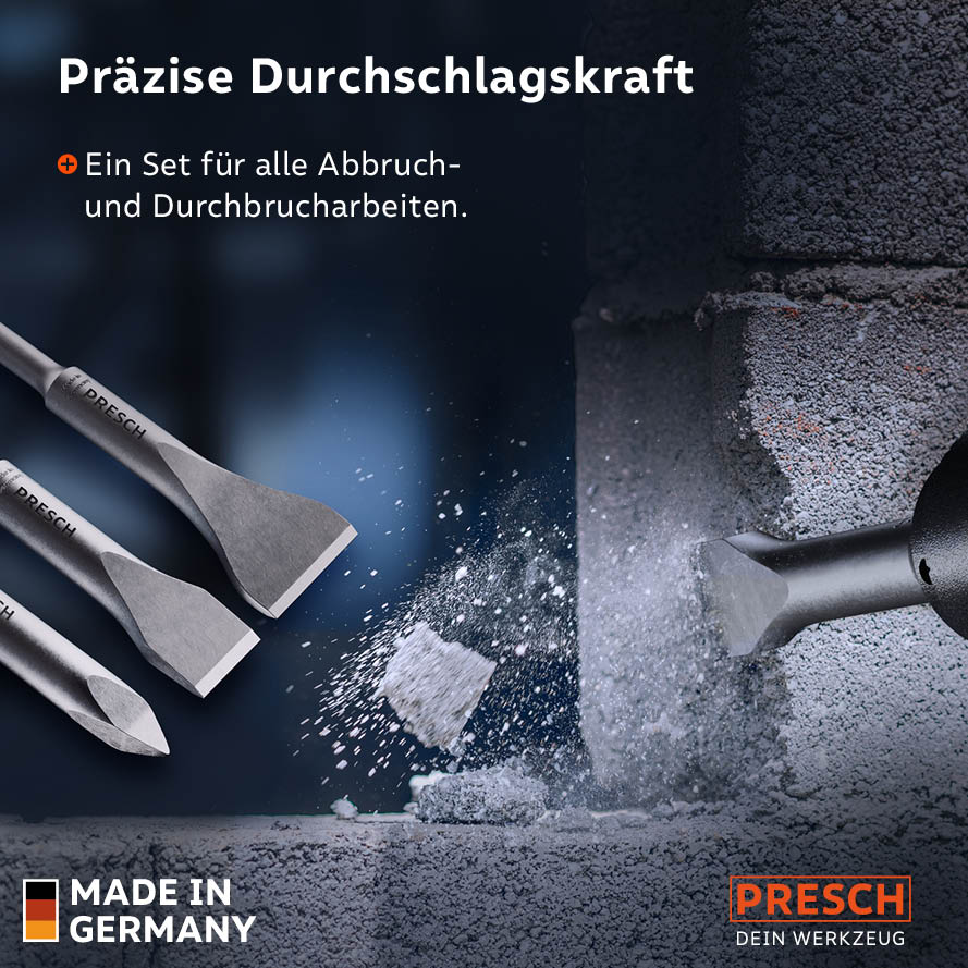 Drei Meißel des Sets durchschlagen eine Wand, umgeben von aufwirbelndem Beton- und Steinstaub.