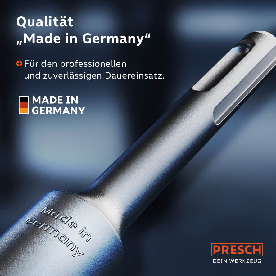 Schaftende eines Meißels mit eingeprägtem Made in Germany Schriftzug für deutsche Fertigungsqualität.