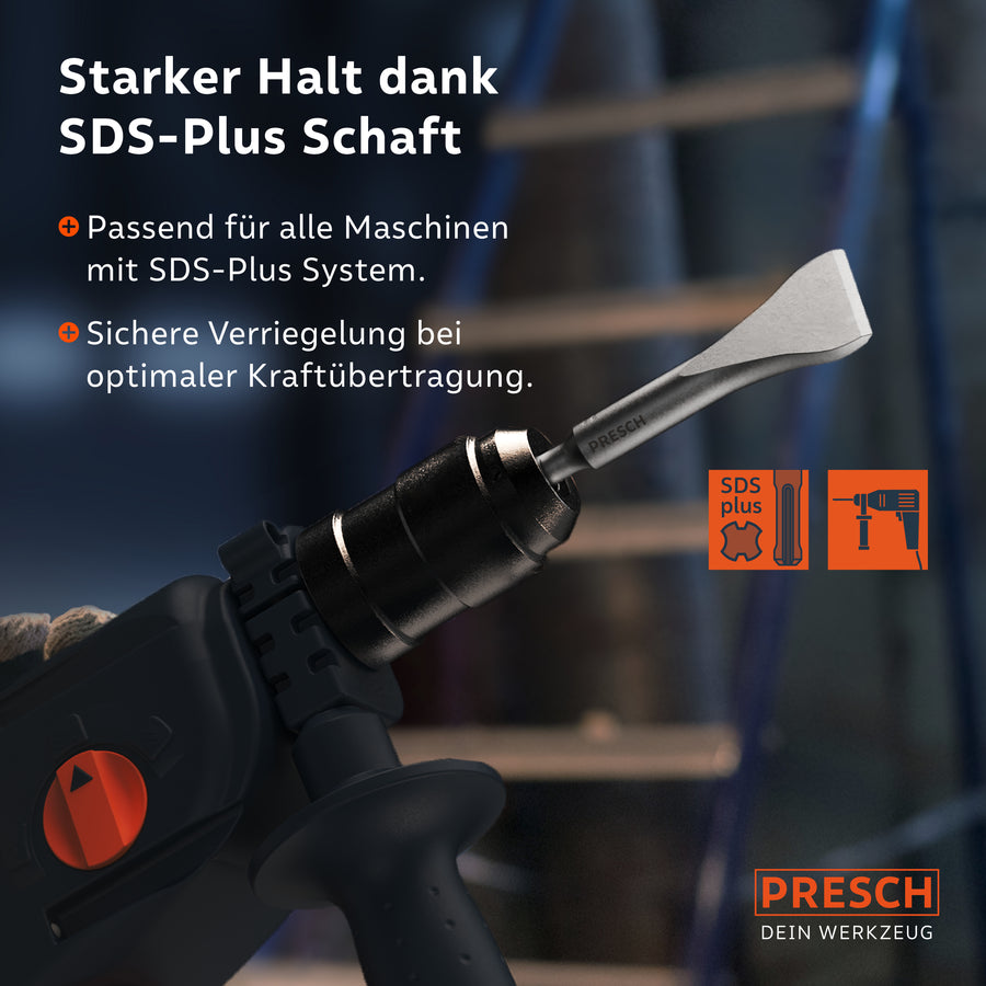 Presch gereedschap met SDS-Plus schacht voor boormachines, inclusief veilige vergrendeling en hoge houdkracht.