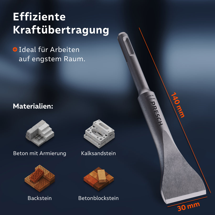 PRESCH gereedschap voor efficiënte krachtoverdracht op verschillende bouwmaterialen zoals beton en baksteen, ideaal voor krappe ruimtes