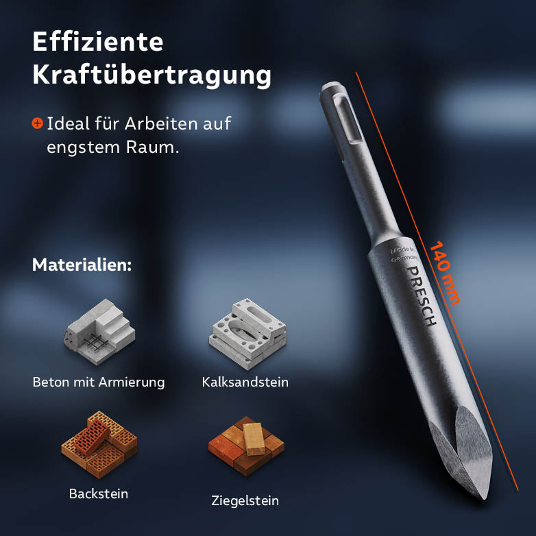 Der Spitzmeißel mit 140 mm Länge eignet sich für Arbeiten auf engstem Raum in Beton und Ziegelstein.