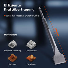 Breitmeißel misst 250 mm und eignet sich für Beton mit Armierung, Kalksandstein, Backstein und Ziegelstein.