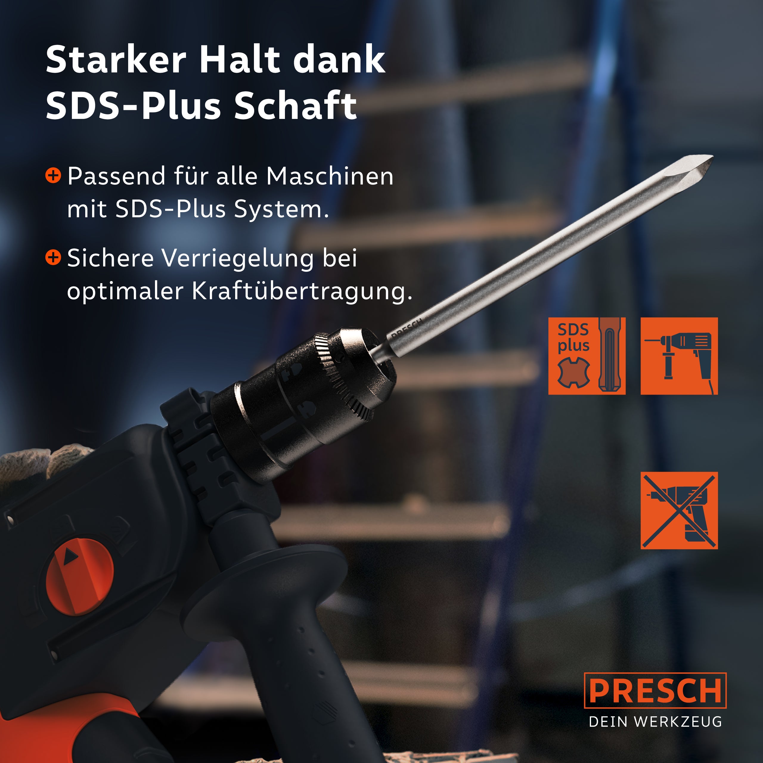 SDS Plus Schaft rastet sicher in der Aufnahme des Bohrhammers für optimale Kraftübertragung