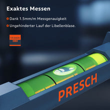 Gros plan extrême de la bulle verte lumineuse d'un niveau à bulle PRESCH - Précision de mesure 1,5 mm/m, la bulle se déplace librement entre les marques