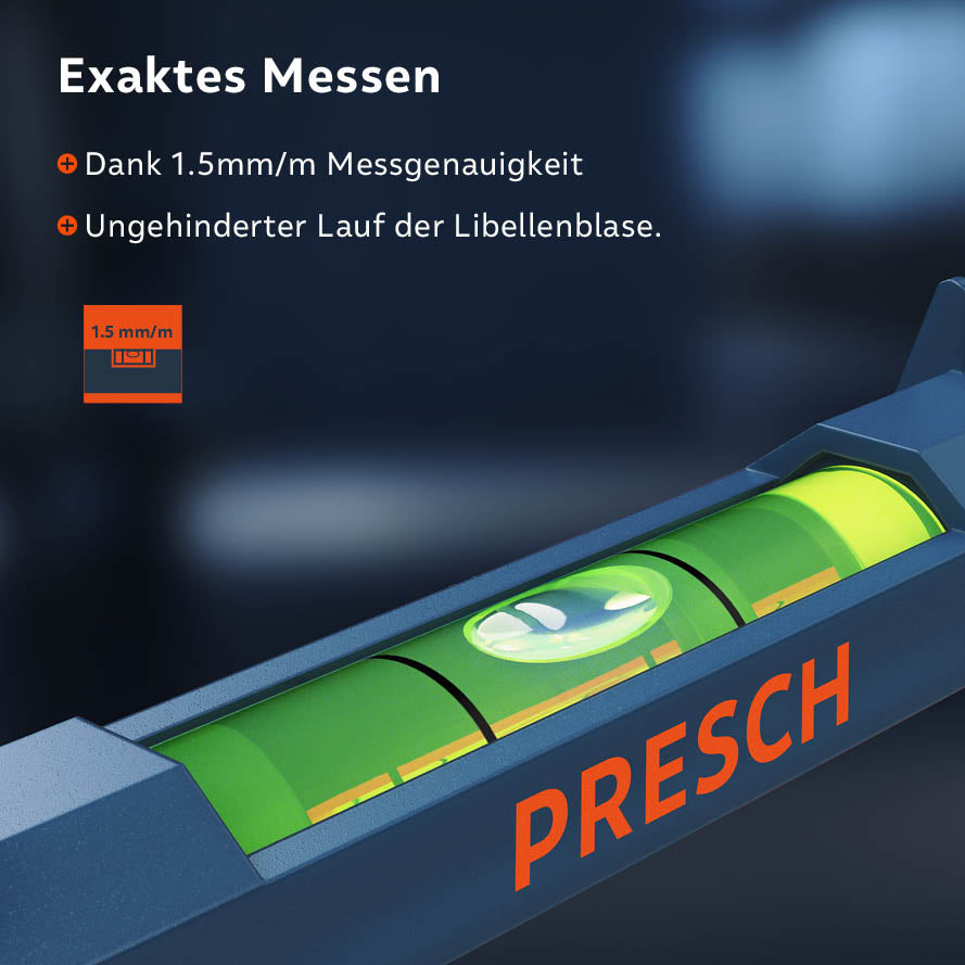 Extreme Nahaufnahme der grün leuchtenden Libelle einer PRESCH Schnurwasserwaage – Messgenauigkeit 1,5mm/m, Blase läuft ungehindert zwischen den Markierungen