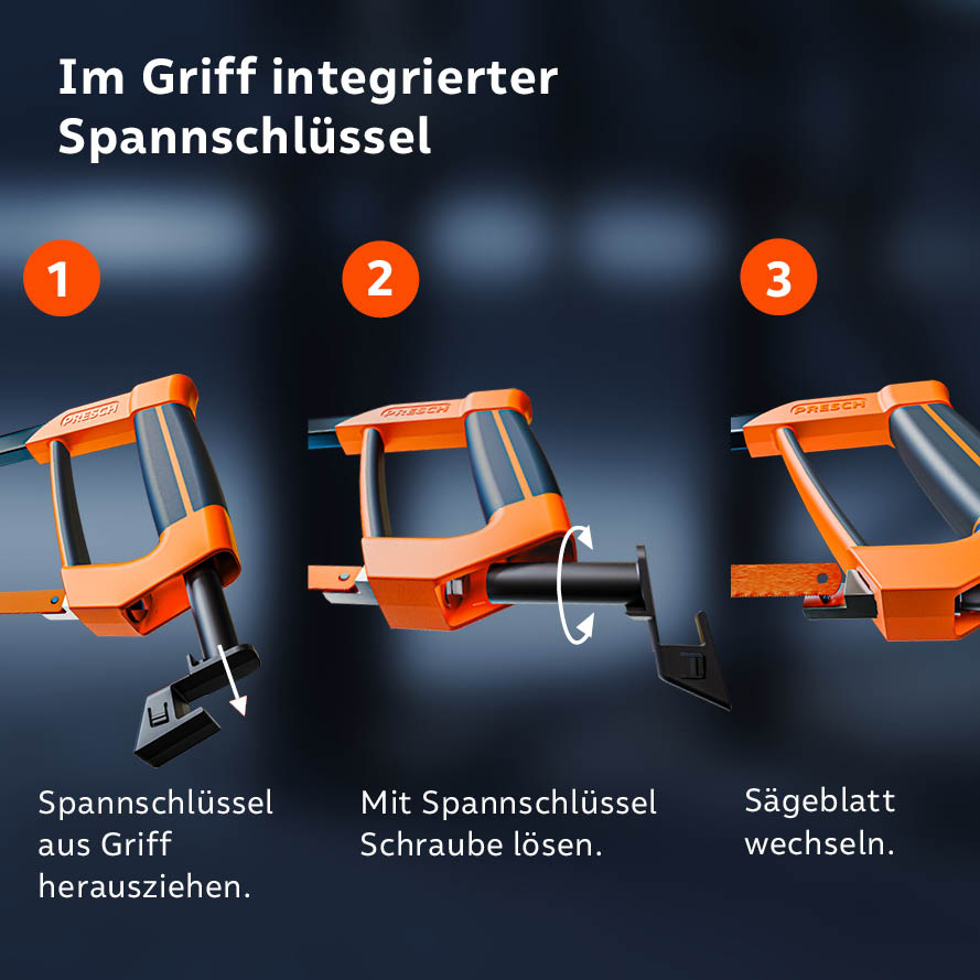 Illustratie van de in het handvat geïntegreerde spankleutel: Haal de sleutel eruit in drie eenvoudige stappen, maak de schroef los en vervang het zaagblad.