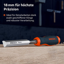 Das Stemmeisen mit 18mm Klingenbreite liegt auf einer Holzbohle; ideal für Detailarbeiten dank exakt geschliffener Klinge und robuster Verarbeitung.