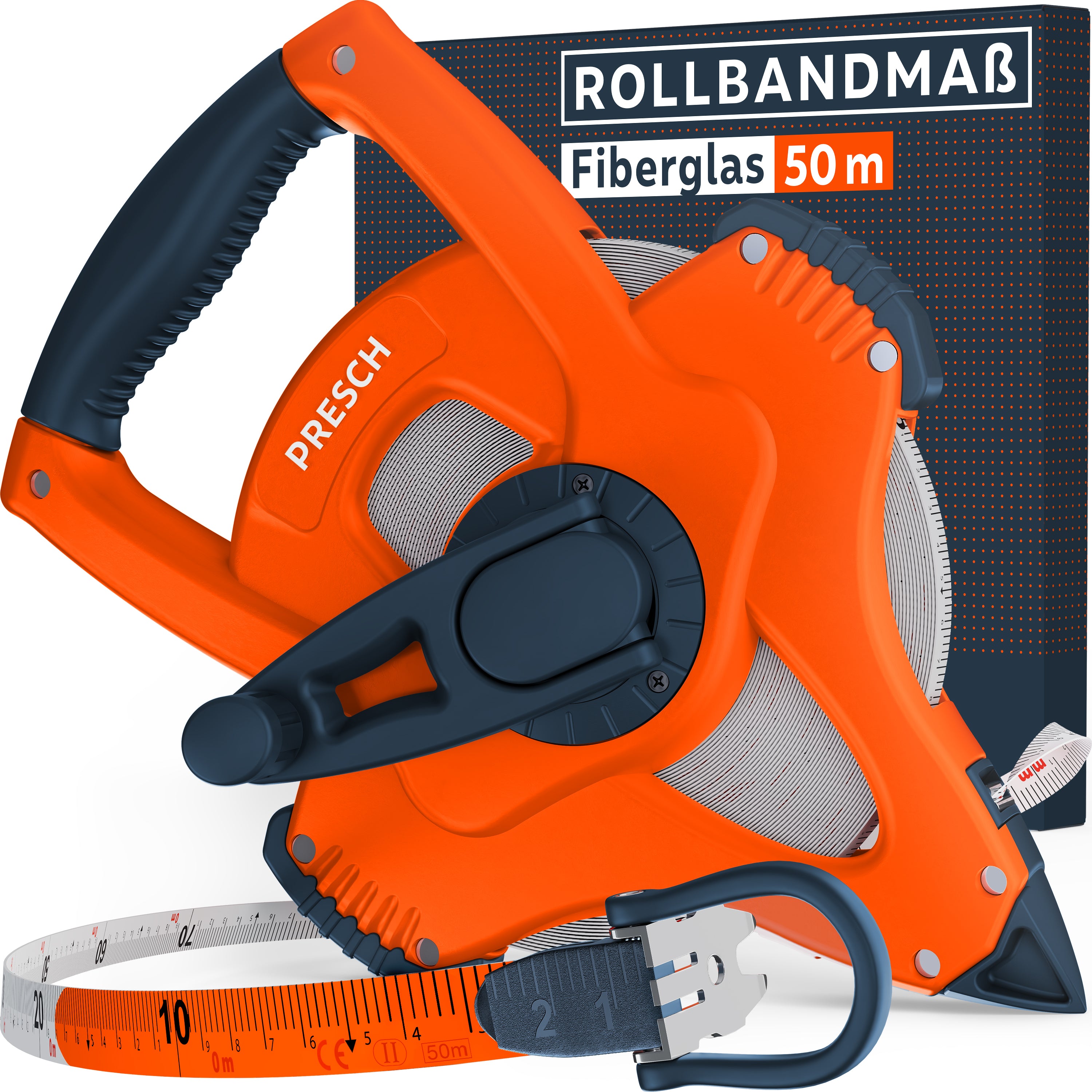 PRESCH Rollbandmaß 50m Fiberglas – Professionelles Langbandmaß mit robustem, orangefarbenem Gehäuse, ergonomischem Griff und ausklappbarer Kurbel sowie passender Produktverpackung.