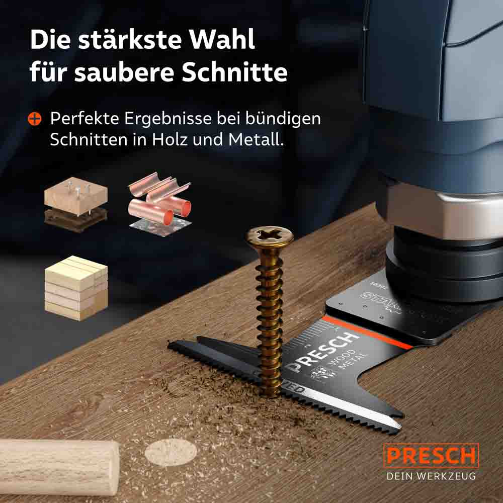 Breiteres Tauchsägeblatt trennt eine Schraube bündig in Holz und Metall
