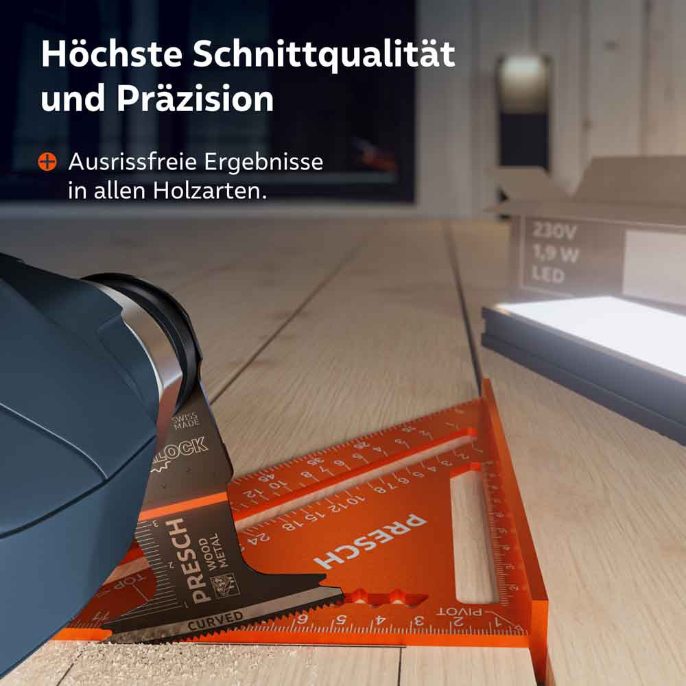 Sägeblatt schneidet entlang eines Anschlagwinkels präzise und ausrissfrei durch Dielenholz