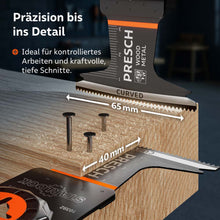 Technische Dimensionen im Einsatz: Visualisierung der Schnittbreite von 40mm und der Nutzlänge von 65mm beim kraftvollen Schnitt durch einen Holzbalken mit integrierten Nägeln.