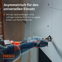 Asymmetrisch zaagblad snijdt nauwkeurig in smalle hoeken met de rechthoekige kant.