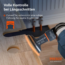 Präzision bei Längsschnitten: Die gebogene Schneidkante unterstützt eine stabile Führung und verhindert ein Verlaufen des Blatts bei Ausschnitten in Holzplatten.