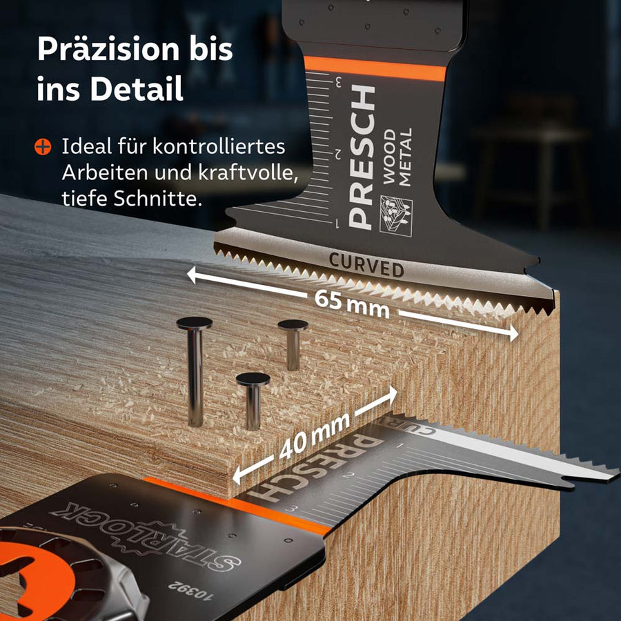 Technische Dimensionen im Einsatz: Visualisierung der Schnittbreite von 40mm und der Nutzlänge von 65mm beim kraftvollen Schnitt durch einen Holzbalken mit integrierten Nägeln.