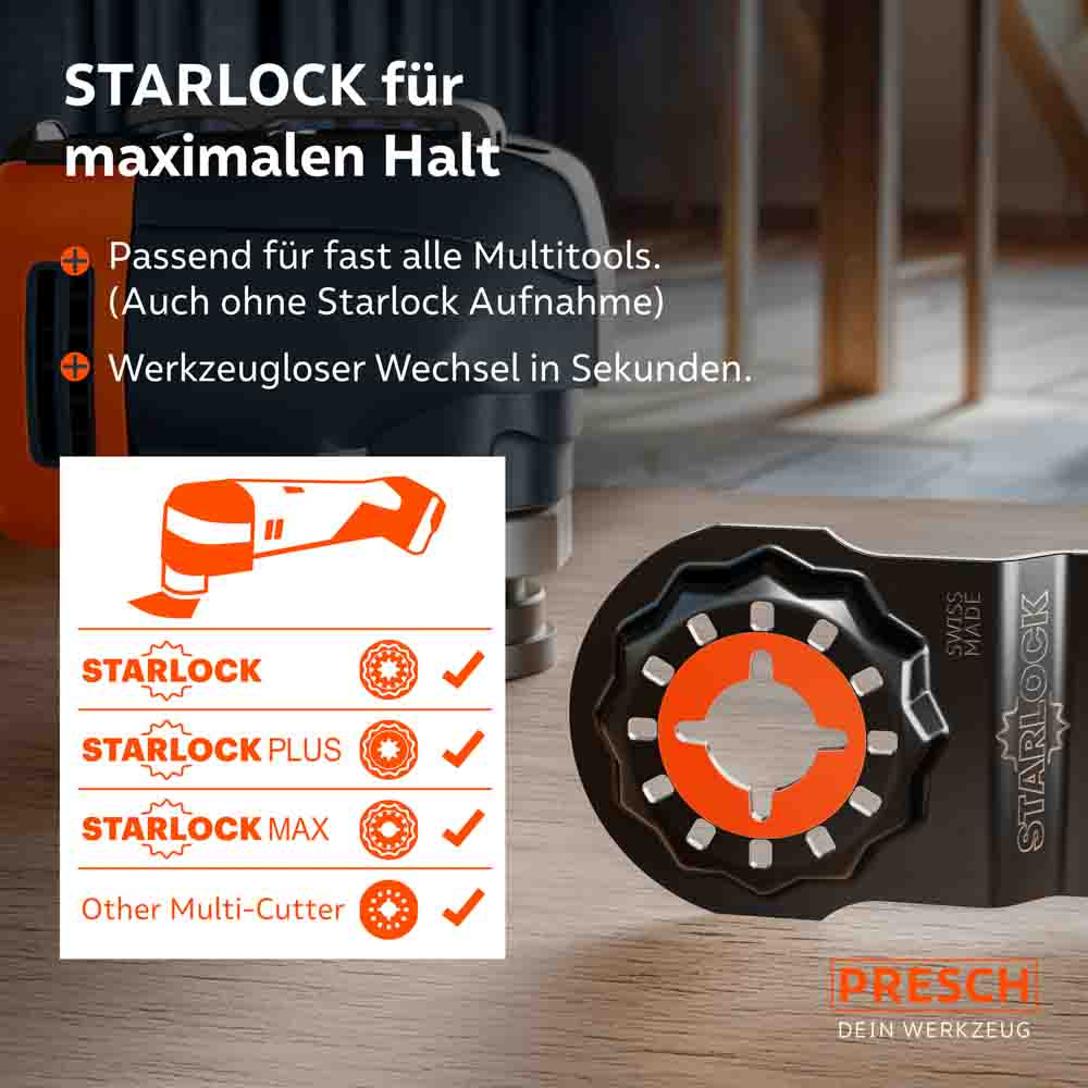 Sägeblatt mit Starlock Aufnahme passt werkzeuglos an gängige Multitools verschiedener Marken