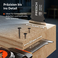 Technische afmetingen gevisualiseerd: Het 32 mm brede zaagblad bij krachtig gebruik in een houten balk, waarin zich spijkers bevinden.