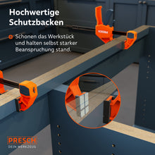 Drie PRESCH klemmen in gebruik op een werkstuk; een vergrootglasillustratie toont de hoogwaardige beschermingskappen die de gevoelige oppervlakken beschermen en zelfs bij zware belasting een veilige grip bieden.