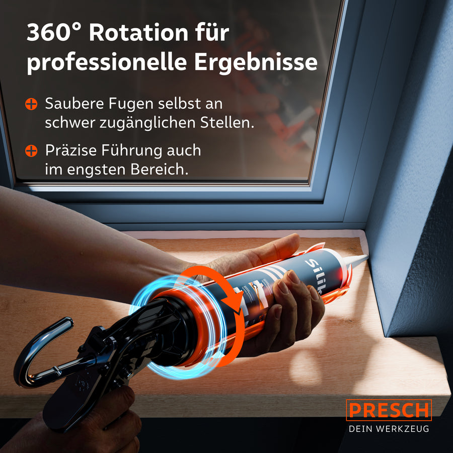 Die Anwendung an einer Fensterbank illustriert den um 360 Grad rotierbaren Kartuschenhalter, der saubere Fugen und eine präzise Führung selbst an schwer zugänglichen Stellen garantiert.