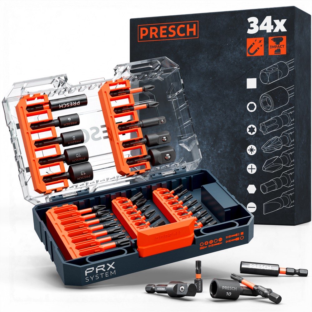 PRESCH Impact Bit Box 34tlg. im PRX Case S mit Bits in 25 und 50 mm, Steckschlüssel-Bits und Adaptern
