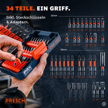 Übersicht aller 34 Teile der Bitbox mit Bits in 25 und 50 mm, Steckschlüssel-Bits und Adaptern