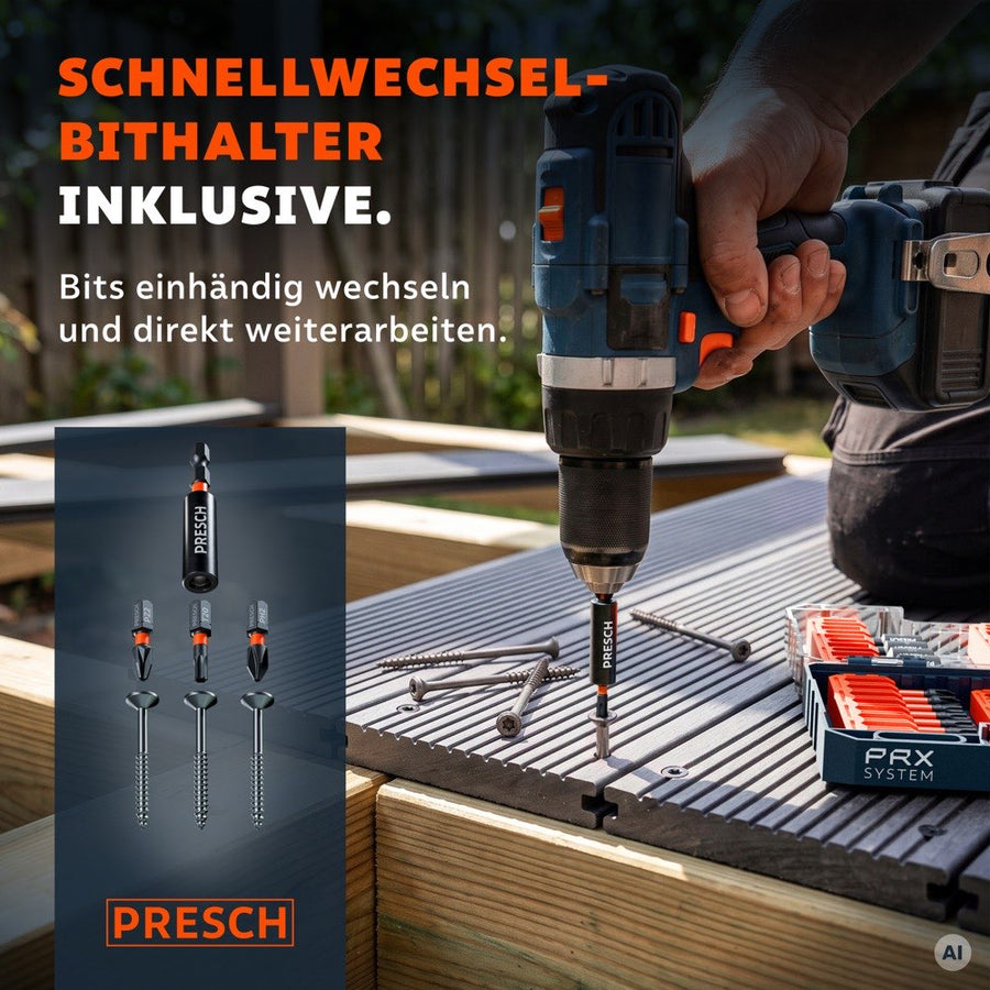 Akkuschrauber mit Schnellwechsel-Bithalter beim Verschrauben von Terrassendielen