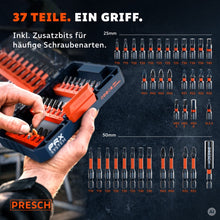 Übersicht aller 37 Teile der Bitbox mit Bits in 25 und 50 mm