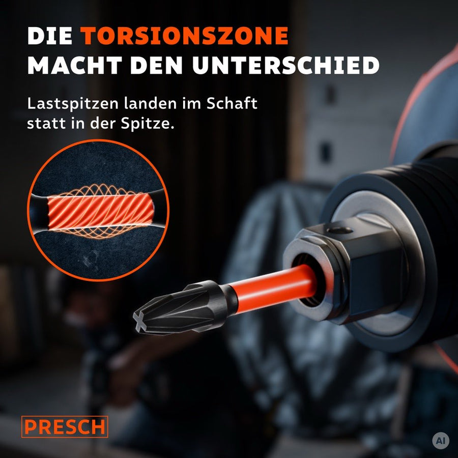 Nahaufnahme eines Impact Bits im Bithalter mit hervorgehobener Torsionszone im Schaft