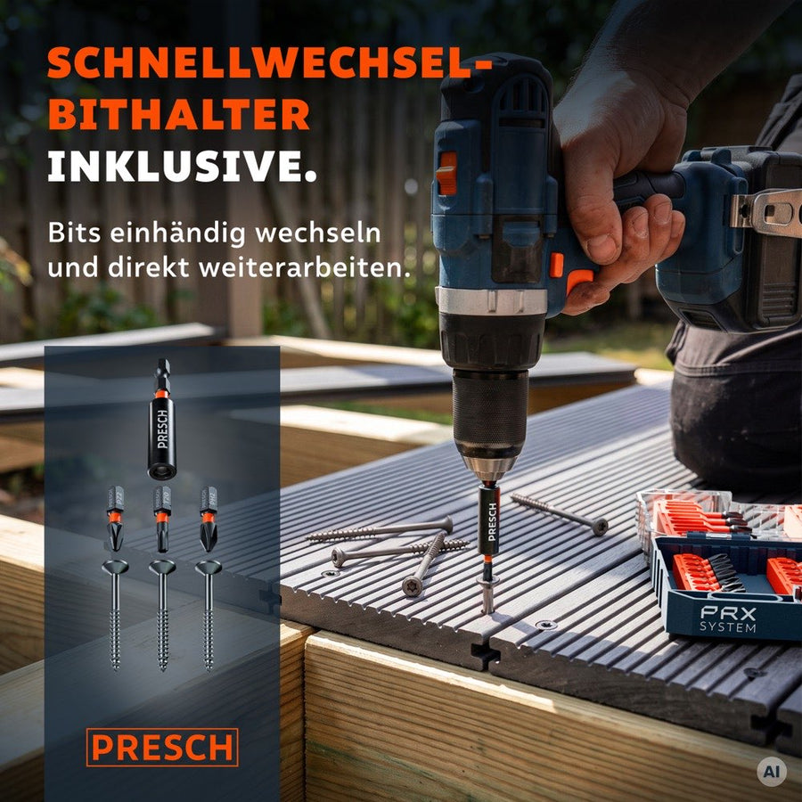 Akkuschrauber mit Schnellwechsel-Bithalter beim Verschrauben von Terrassendielen