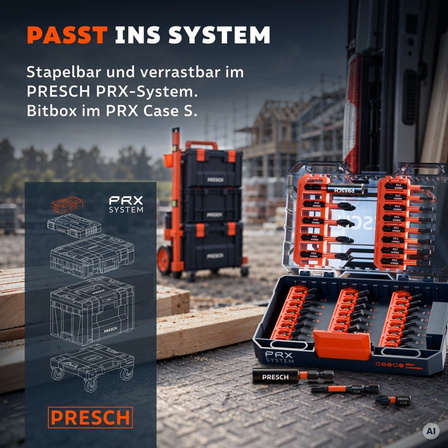 Geöffnete Bitbox im PRX Case S vor gestapelten PRX Koffern auf der Baustelle