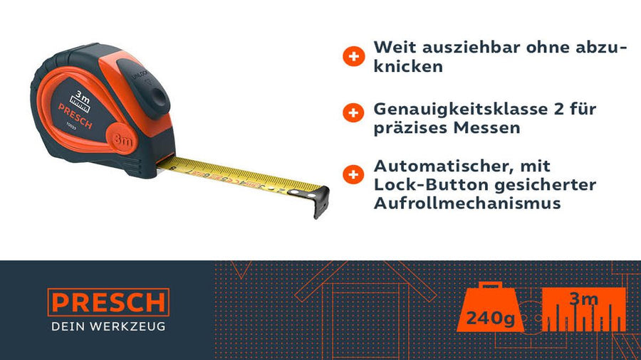 PRESCH Bandmaß 3m mit automatischem Aufrollmechanismus und präziser Messskala für genaues Messen.