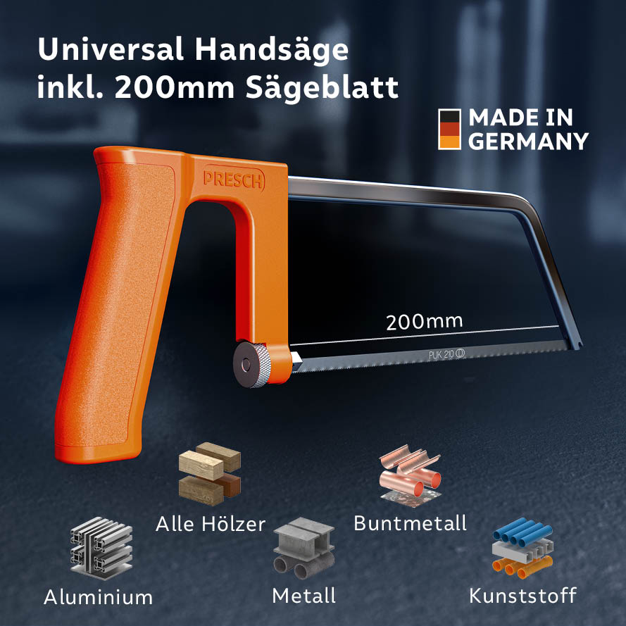 Universele handzaag met 200 mm zaagblad; veelzijdig inzetbaar voor aluminium, alle houtsoorten, metaal, non‑ferro metalen en kunststof.