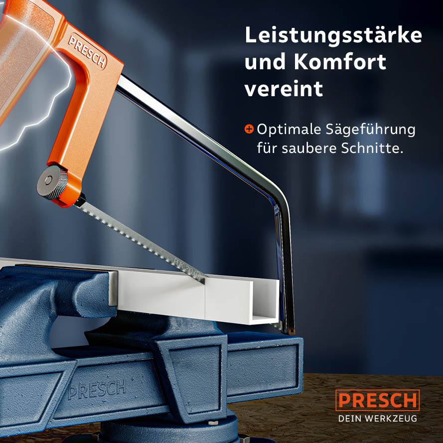 Snelle en precieze sneden in elk materiaal; hier de zaag bij het bewerken van een houten ronde staaf, die veilig in een bankschroef vastgeklemd is.