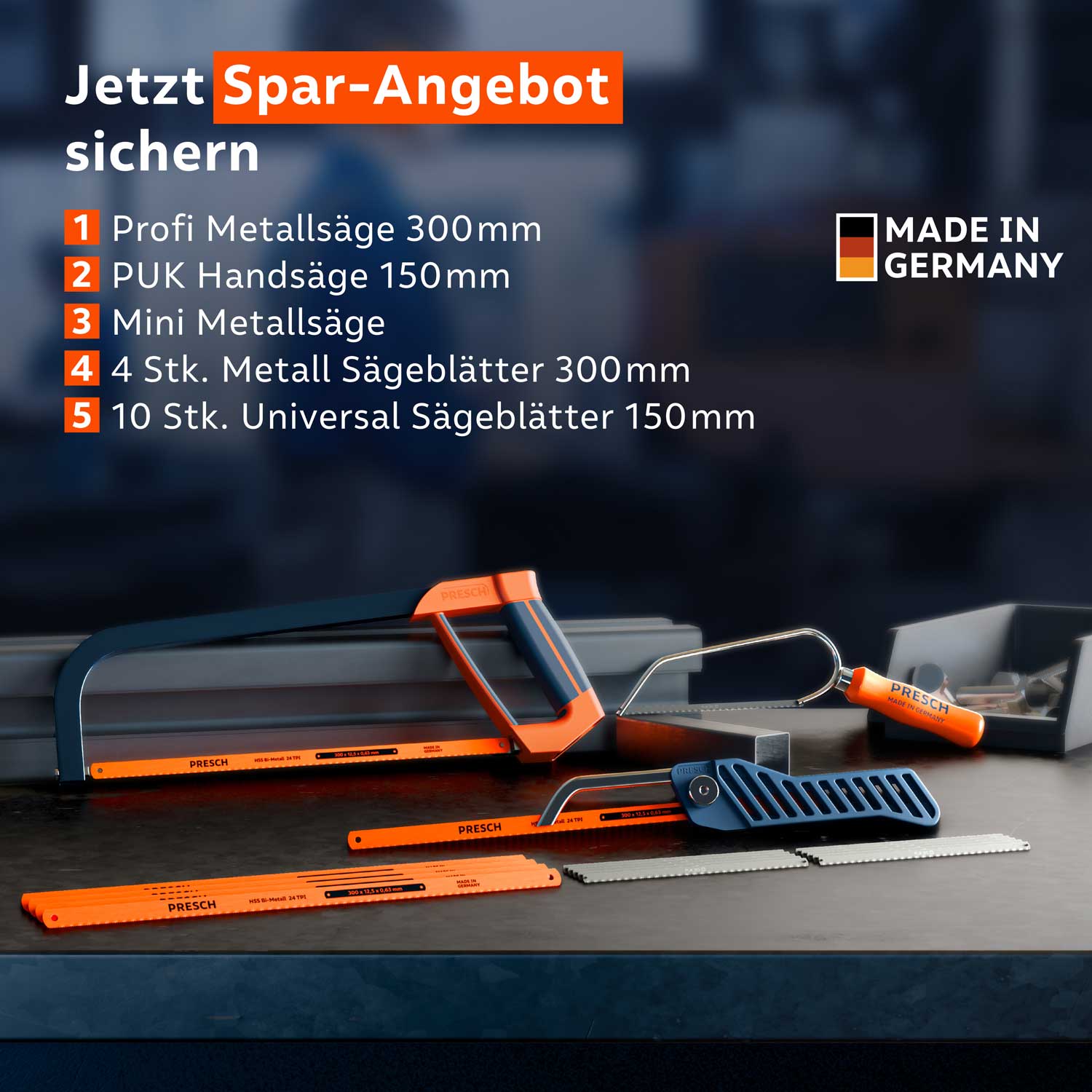 De spaarset bevat een metaalzaag, een PUK-handzaag, een mini-zaag en reservezaagbladen, direct binnen handbereik op de werkbank.