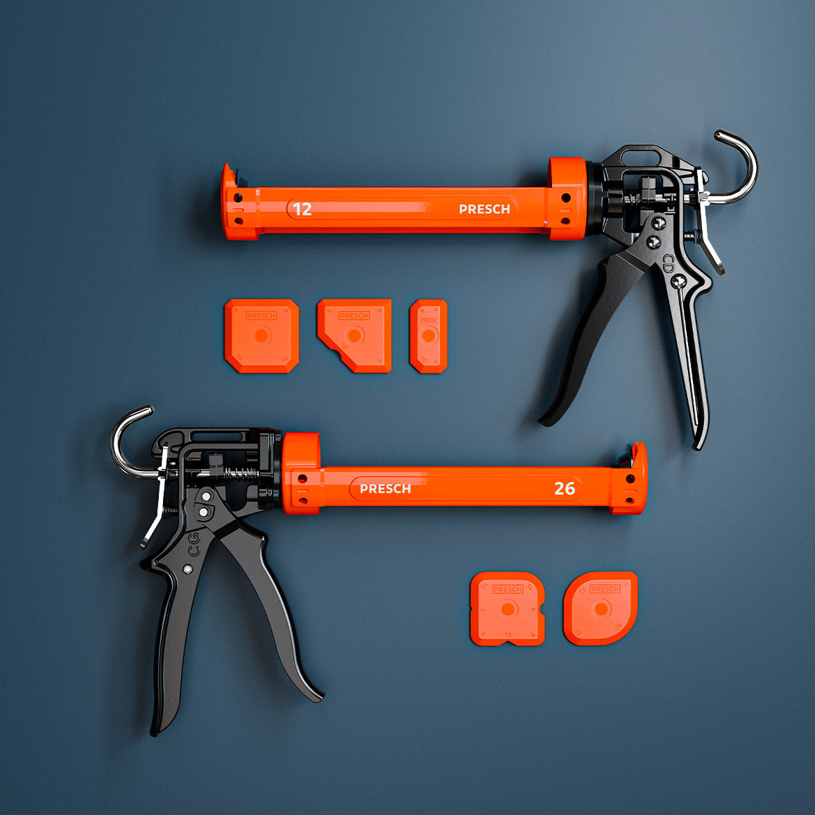 Le kit économique de presses à cartouches PRESCH comprend deux modèles professionnels pour différentes applications : la presse à cartouche 12 : 1 pour le silicone et l’acrylique à faible viscosité ainsi que la presse à cartouche 26 : 1 pour l’adhésif de montage à haute viscosité, complété par un ensemble multi‑pièces de lames à joints orange pour des joints propres.