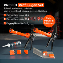 Le set professionnel de joints PRESCH est présenté de manière claire sur un établi et comprend un presse‑cartouche 12 : 1 pour les applications standard, un presse‑cartouche 26 : 1 pour une transmission de force maximale ainsi qu’un ensemble de 5 lisseurs de joints dans une boîte de rangement pratique pour des résultats précis du montage au retrait.