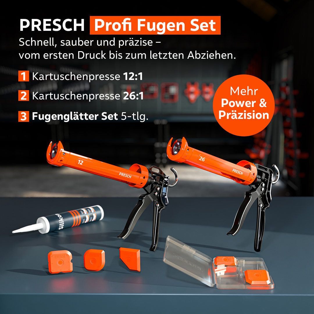 Le set professionnel de joints PRESCH est présenté de manière claire sur un établi et comprend un presse‑cartouche 12 : 1 pour les applications standard, un presse‑cartouche 26 : 1 pour une transmission de force maximale ainsi qu’un ensemble de 5 lisseurs de joints dans une boîte de rangement pratique pour des résultats précis du montage au retrait.