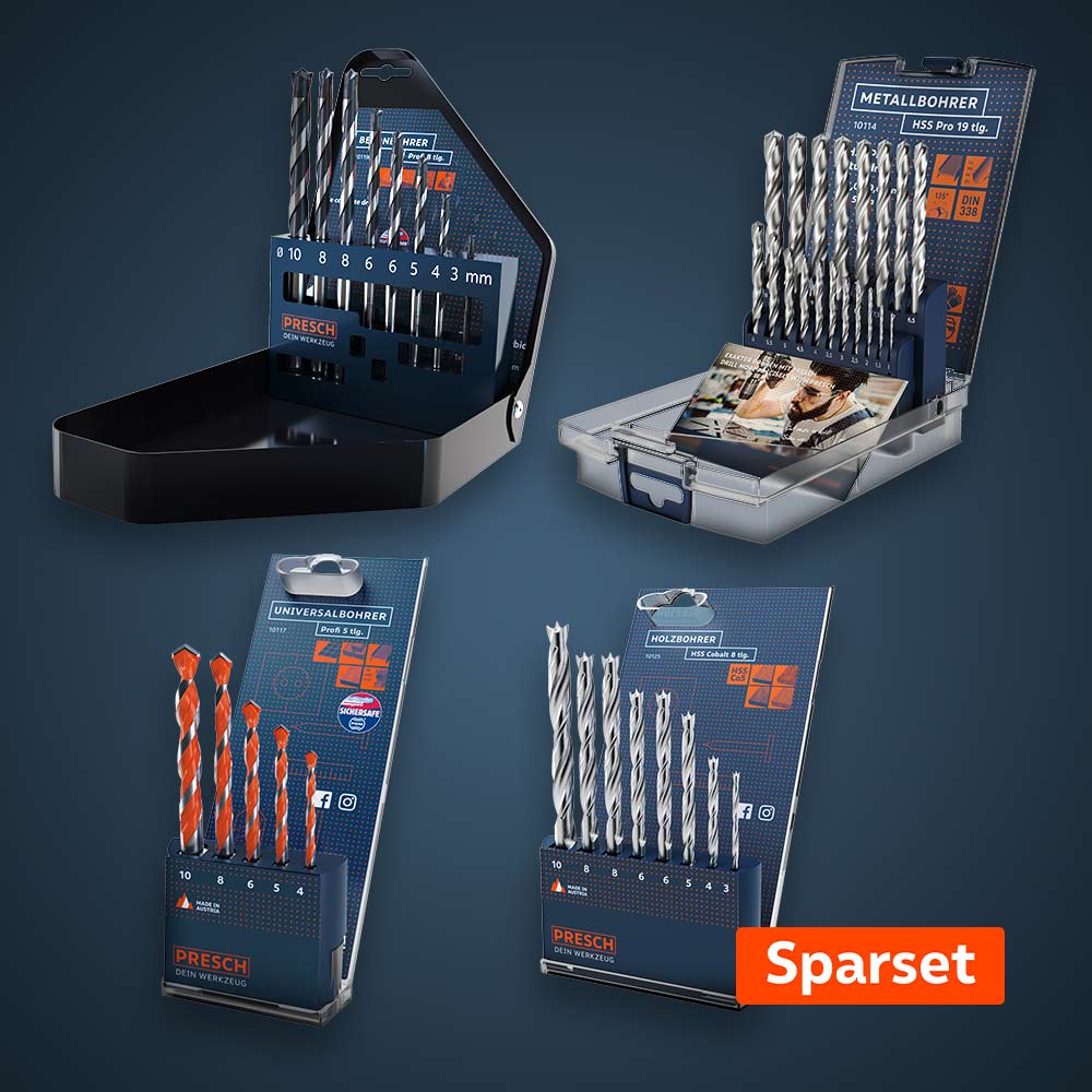 PRESCH Bohrer Sparset: vier geöffnete Bohrer-Sets mit Holz-, Metall-, Beton- und Universalbohrern.