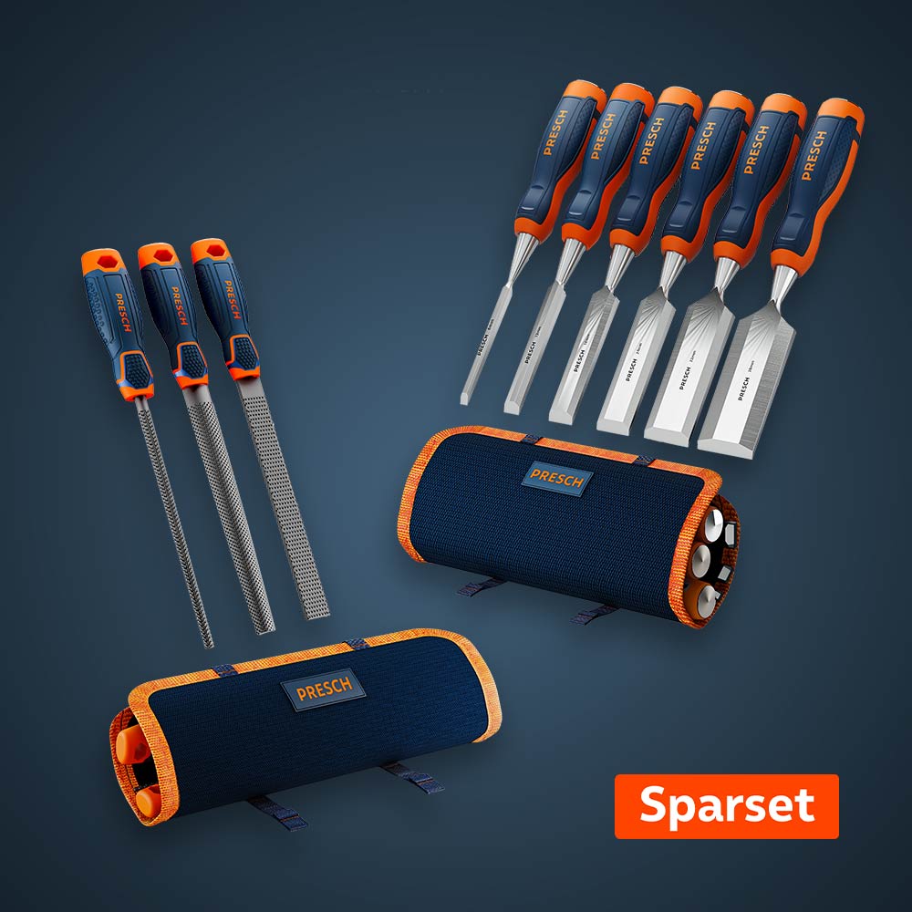 PRESCH Holzbearbeitungs Sparset: Stechbeitel-Set und Holzraspel-Set jeweils mit Aufbewahrungstasche.