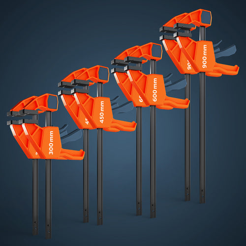 Das PRESCH Einhandzwingen Allround-Set bestehend aus jeweils zwei Zwingen in den Längen 300 mm, 450 mm, 600 mm und 900 mm, alle in markantem Orange-Schwarz für eine Spannkraft von bis zu 150 kg.