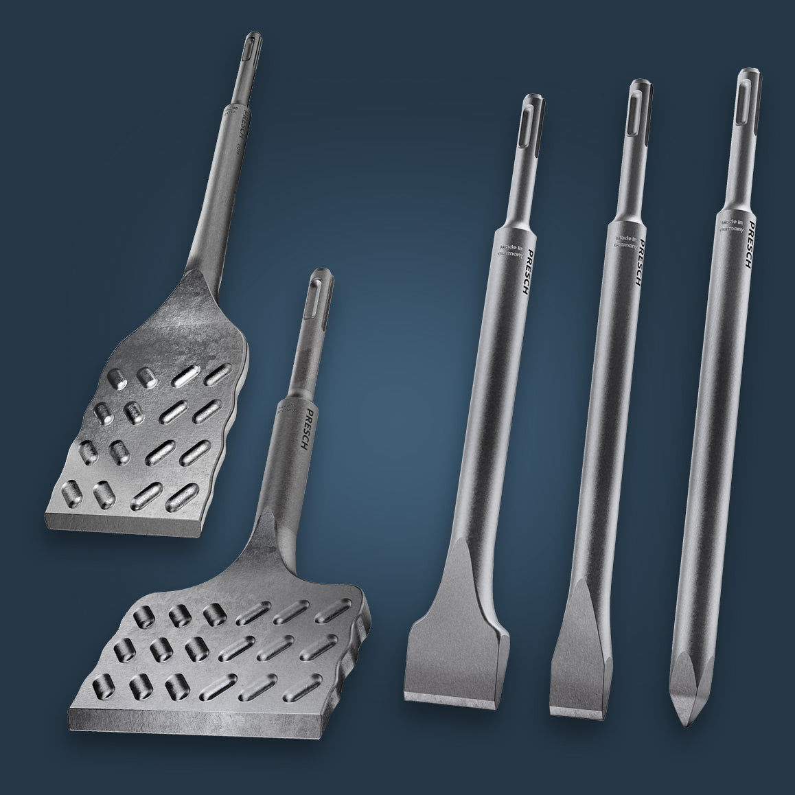 PRESCH Meißel Set 5-teilig mit SDS Plus Fliesenmeißeln schmal und breit sowie Langmeißel-Set