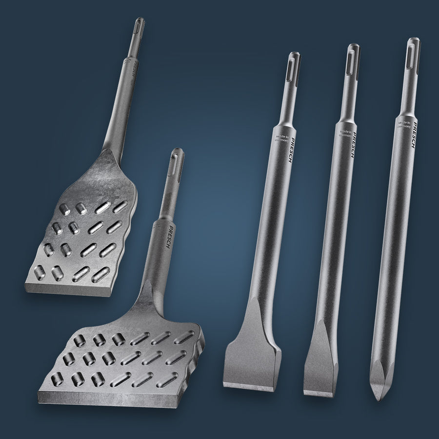 PRESCH Meißel Set 5-teilig mit SDS Plus Fliesenmeißeln schmal und breit sowie Langmeißel-Set
