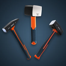 PRESCH Hammer Sparset: Schlosserhammer, Gummihammer und Fäustel von oben auf dunklem Hintergrund.