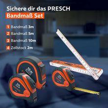 Das Bandmaß Sparset umfasst drei Bandmaße und einen Zollstock, griffbereit auf einer Werkbank drapiert.