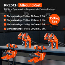 Übersichtsgrafik des PRESCH 150 kg Allround-Sets für jede Spannweite: Enthalten sind insgesamt 8 Einhandzwingen in vier verschiedenen Längen (300/450/600/900 mm), präsentiert auf einer Werkbank.