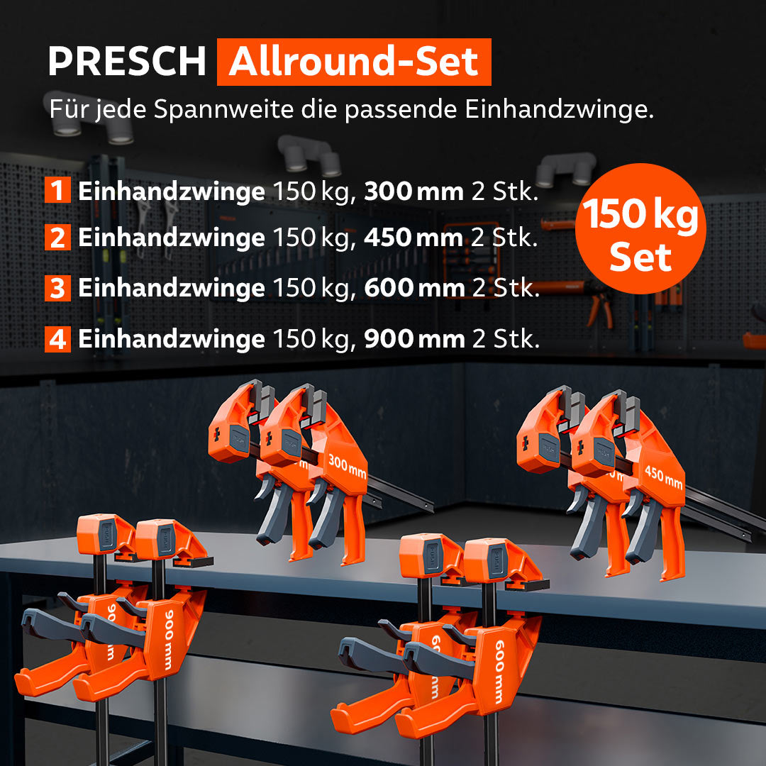 Übersichtsgrafik des PRESCH 150 kg Allround-Sets für jede Spannweite: Enthalten sind insgesamt 8 Einhandzwingen in vier verschiedenen Längen (300/450/600/900 mm), präsentiert auf einer Werkbank.