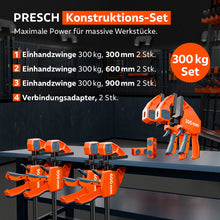 Grafische Übersicht des PRESCH Konstruktions-Sets für massive Werkstücke: Enthalten sind 6 Einhandzwingen (300/600/900 mm) und 2 Verbindungsadapter, präsentiert in einer Werkstattumgebung.