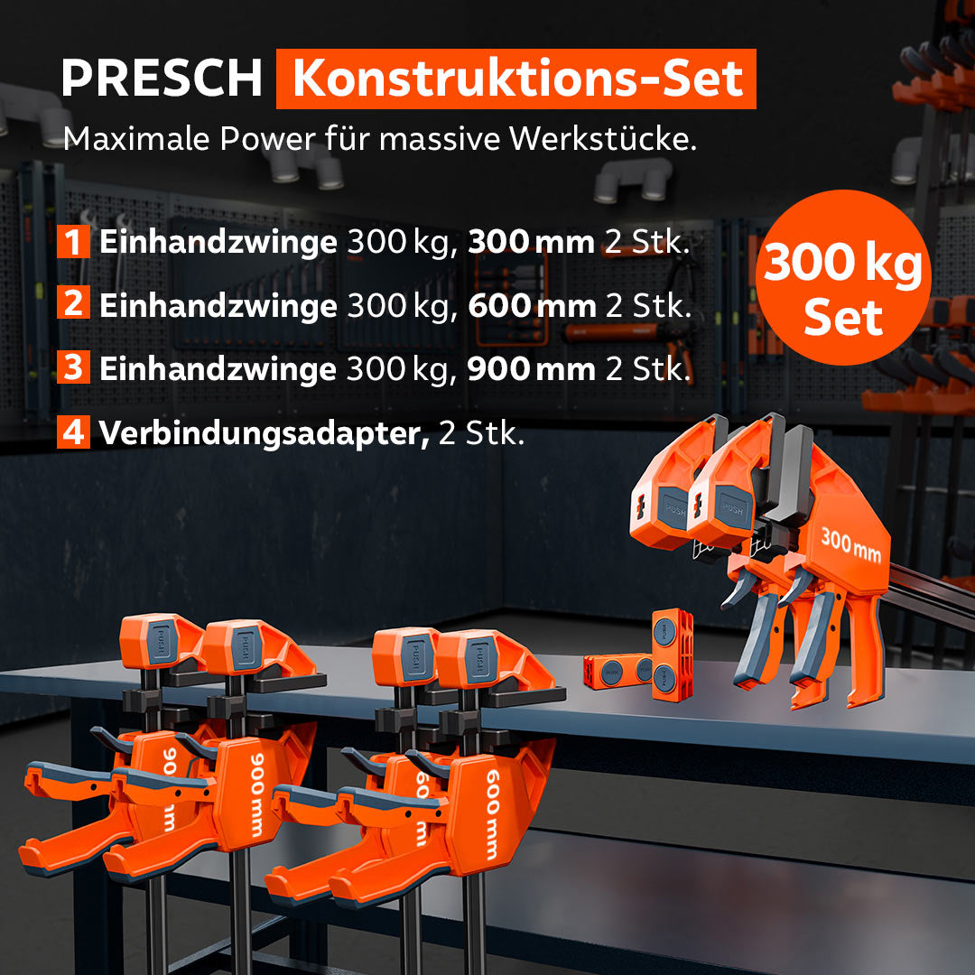 Grafische Übersicht des PRESCH Konstruktions-Sets für massive Werkstücke: Enthalten sind 6 Einhandzwingen (300/600/900 mm) und 2 Verbindungsadapter, präsentiert in einer Werkstattumgebung.
