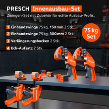Übersichtsgrafik des PRESCH 75 kg Innenausbau-Sets: Enthalten sind 4 Einhandzwingen in zwei verschiedenen Längen (150/300 mm) sowie Eck-Aufsätze und Verlängerungsbacken, präsentiert in einer Werkstatt.