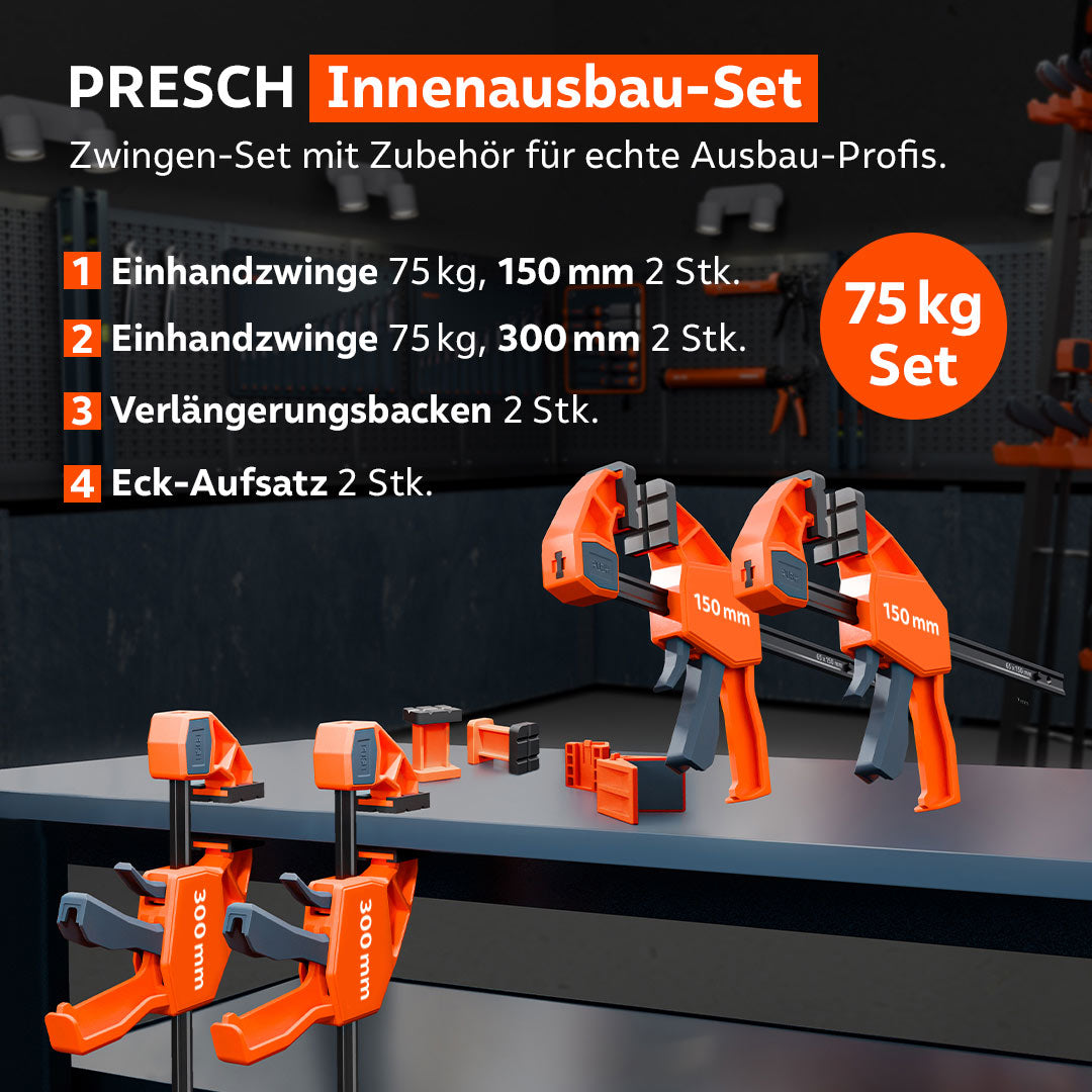 Übersichtsgrafik des PRESCH 75 kg Innenausbau-Sets: Enthalten sind 4 Einhandzwingen in zwei verschiedenen Längen (150/300 mm) sowie Eck-Aufsätze und Verlängerungsbacken, präsentiert in einer Werkstatt.
